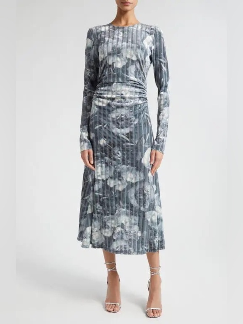 STINE GOYA Blue Floral Striped Long Sleeve Midi Dress Size Large ($628)